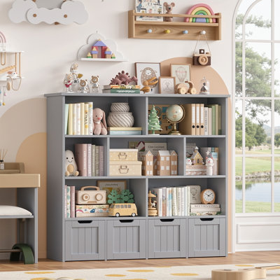 Kirklyn 49.4″ 7-Cube Standard Bookcase with 4 Drawers, Wood Storage Bookshelf in Mid-Century Modern, Grey