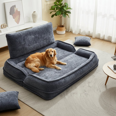 71" Oversized Double Human Dog Bed Chenille Sleeper Sofa with Adjustable Backrest for Large Dogs, Dark Gray