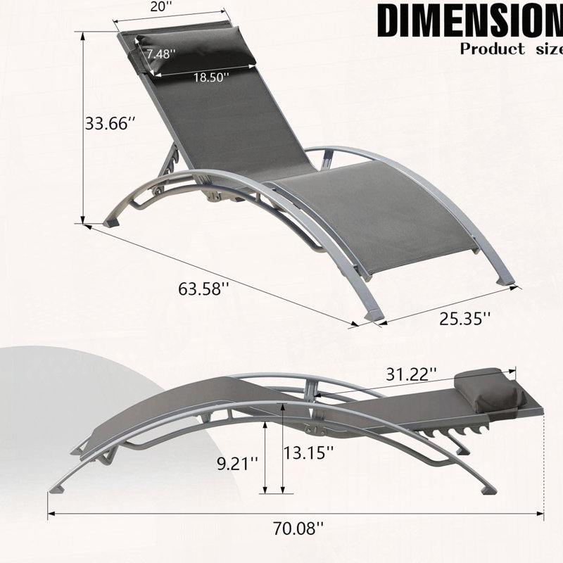 Ensemble de 2 chaises longues de piscine inclinables à 5 positions, Gris foncé