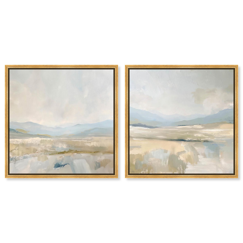 «Whispering Valleyys», ensemble de 2 toiles terreuses abstraites par Art Remedy, H 20 po x l 20 po, Cadre flottant doré