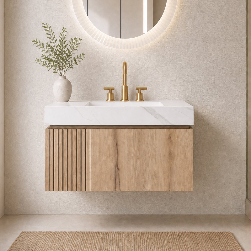 Meuble-lavabo suspendu double de 76 cm (30 po) avec comptoir en pierre frittée et lavabos en céramique, fini chêne brun, 30