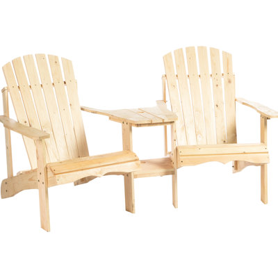 Two Wooden Chair , Outdoor Patio Chairs With Built-in Table & Umbrella Hole, For Deck Lawn Pool Backyard, Rustic Comfortable Seating Two, Fire Pit Backyard Seating, Natural