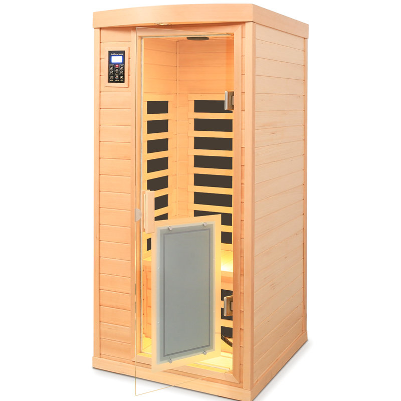 Chauffage infrarouge lointain pour une personne, intérieur, basse température, en bois de pruche, 8 panneaux chauffants, audio, commandes tactiles, protection contre la surchauffe et affichage en degrés Celsius.