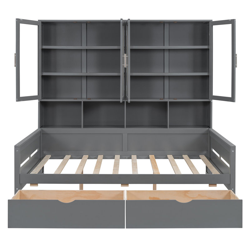 Colten Size Wooden Daybed with Glass-Door Storage Cabinets, Built-in LED Lighting and Shelves, Double, Gris