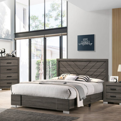 Contemporary Grey Finish Unique Bed 1Pc Bedroom Furniture Unique Lines Headboard Wooden