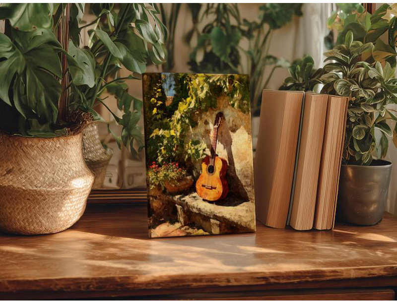Guitare espagnole, nature morte, peinture sur toile, scène de cour ensoleillée, art mural méditerranéen impressionniste pour la décoration intérieure d'un mélomane