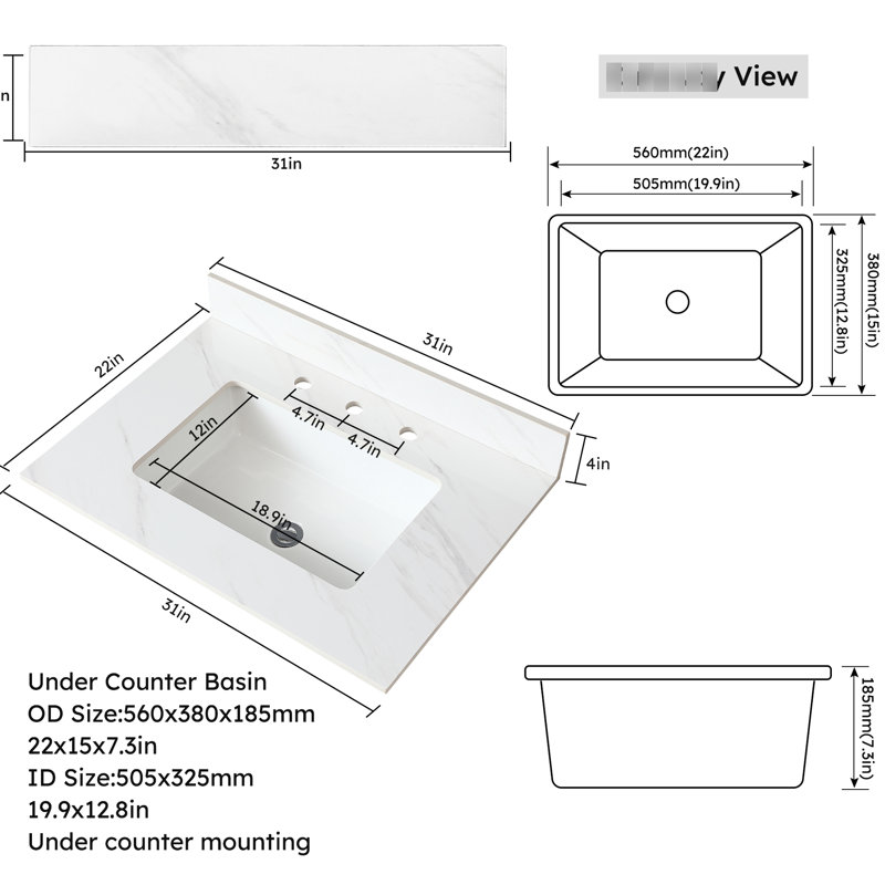 31" Vanity Top For Bathroom - White Sintered Stone With 4" Backsplash And Undermount Sink 31 Inch Counter In White, High Rectangular Sink, Stylish Practical