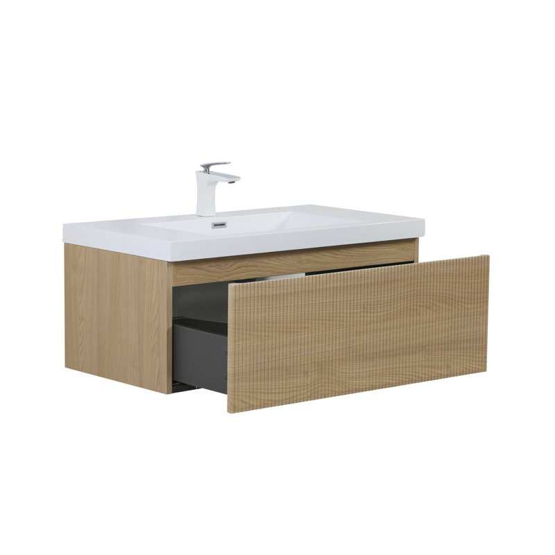 Meuble-lavabo mural avec lavabo à surface solide, Blanc, Bois de chêne naturel, 35"