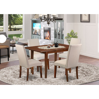 5 Piece Dining Room Table Set Includes a Rectangle Kitchen Table with Butterfly Leaf and 4 Cream Linen Fabric Parson Dining Chairs, Mahogany