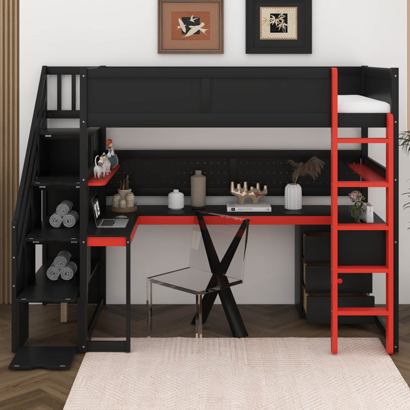 Wood Gaming Loft Bed With Stairs, Esports Gaming Loft Bed With Desk, Drawers, Shelves & Pegboard, Twin, Black/Red