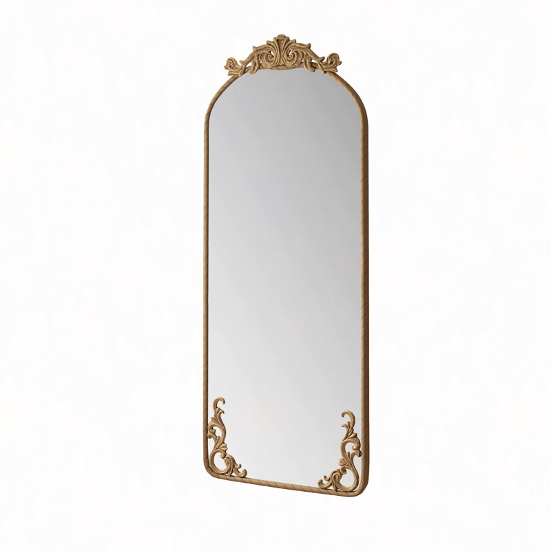 58"X24" Arched Full Body Mirror With Vintage Ornate Carved Applique On Top And Bottom, Hanging Wall Mounted Mirror, For Living Room Bedroom Retro Home Decor Mirror