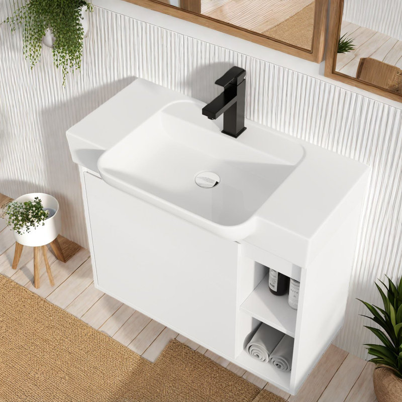 Meuble-lavabo et lavabo blanc brillant et peu encombrant, design moderne