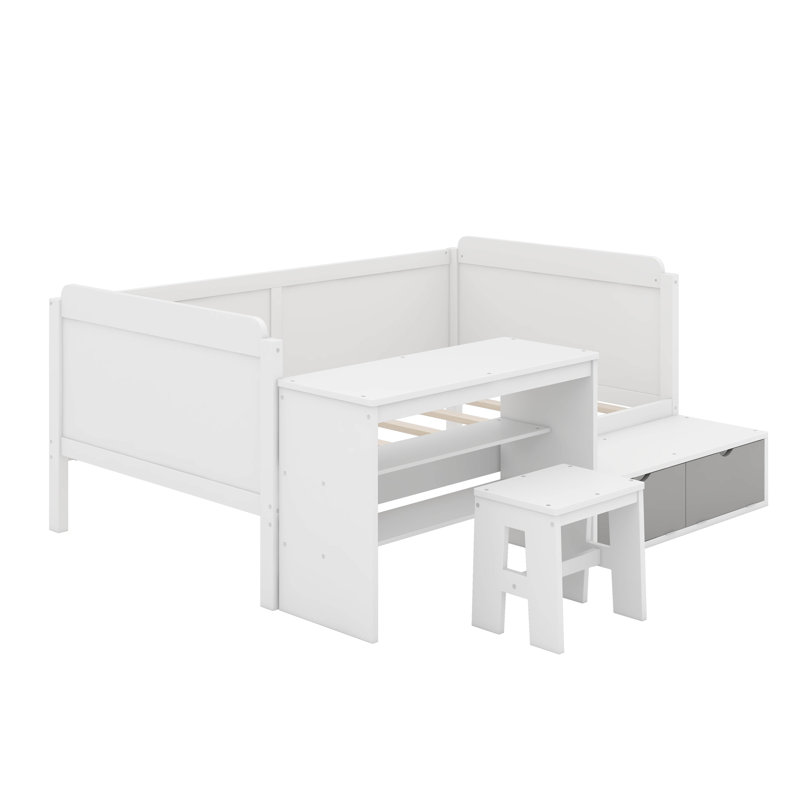 Lit de jour simple avec tablettes de rangement et bureau, Blanc