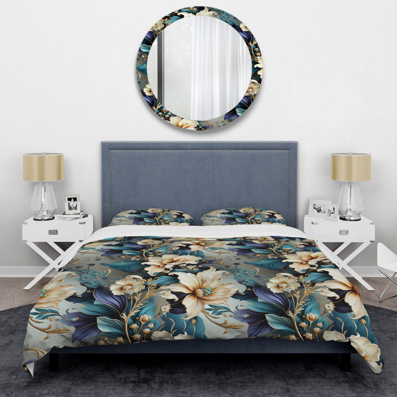 Ensemble de housse de couette floral blanc et doré Elegant Flowers Delight, Housse de couette pour grand lit et 2 taies décor