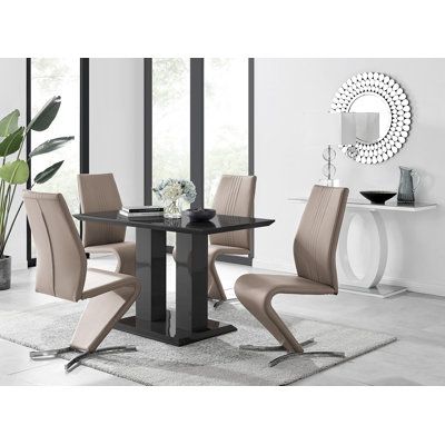 Edzard Double Pedestal High Gloss Dining Table Set with 4 Modern Faux Leather Dining Chairs