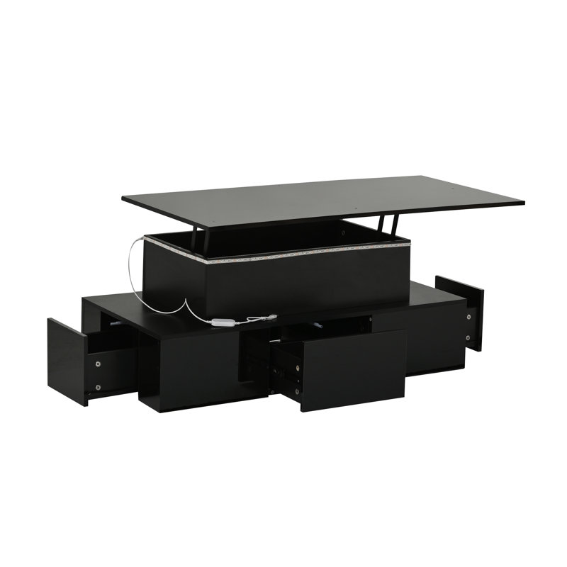 Table basse à plateau relevable moderne avec lumières DEL, rangement caché et 4 tiroirs Aroa