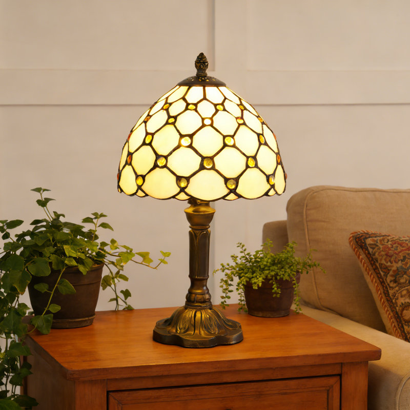13.4" H Tiffany Style Stained Glass Table Lamp, Vintage Bronze Base, Geometric Pattern With Accent Beads With Bulb