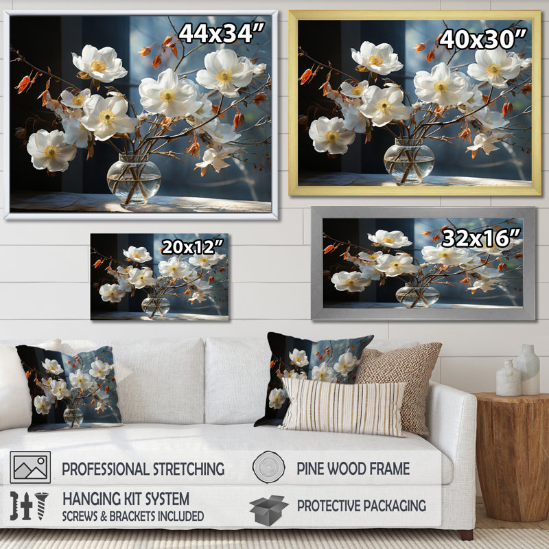 «White Yellow Dogwood Stillife», reproduction d'art sur toile, H 12 po x l 20 po x P 1 po, Cadre flottant doré
