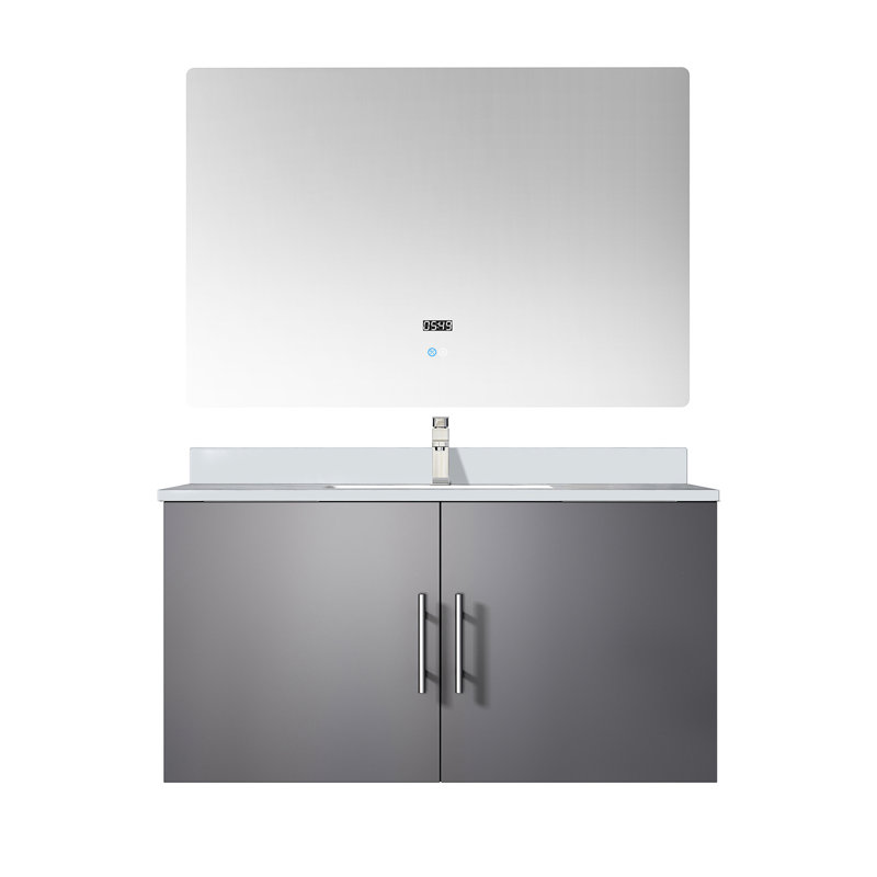 36 po Meuble-lavabo gris foncé avec comptoir en quartz, robinet, miroir à DEL - meuble-lavabo de construction durable et à teinture, comptoir blanc, robinet, modèle Scratch