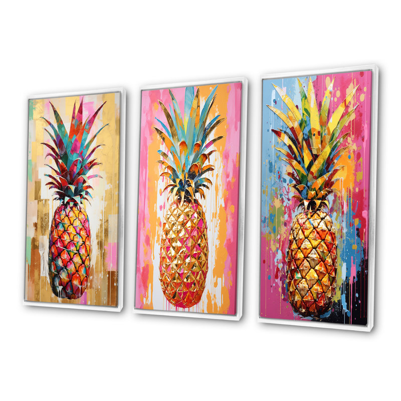 «Golden Geometric Pineapple Fruit», ensemble d'art mural sur toile 4 fruits, H 28 po x l 36 po, Cadre flottant blanc