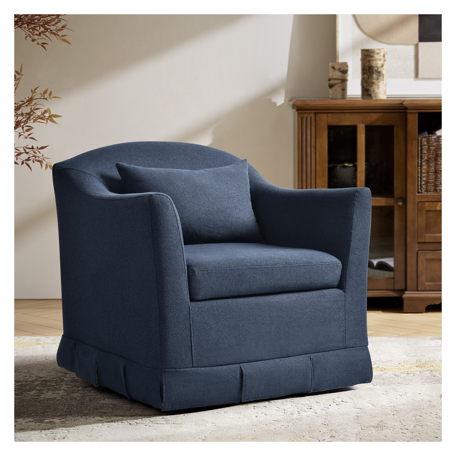 Patricia Modern Farmhouse Slipcovered Swivel Armchair, Navy Polyester