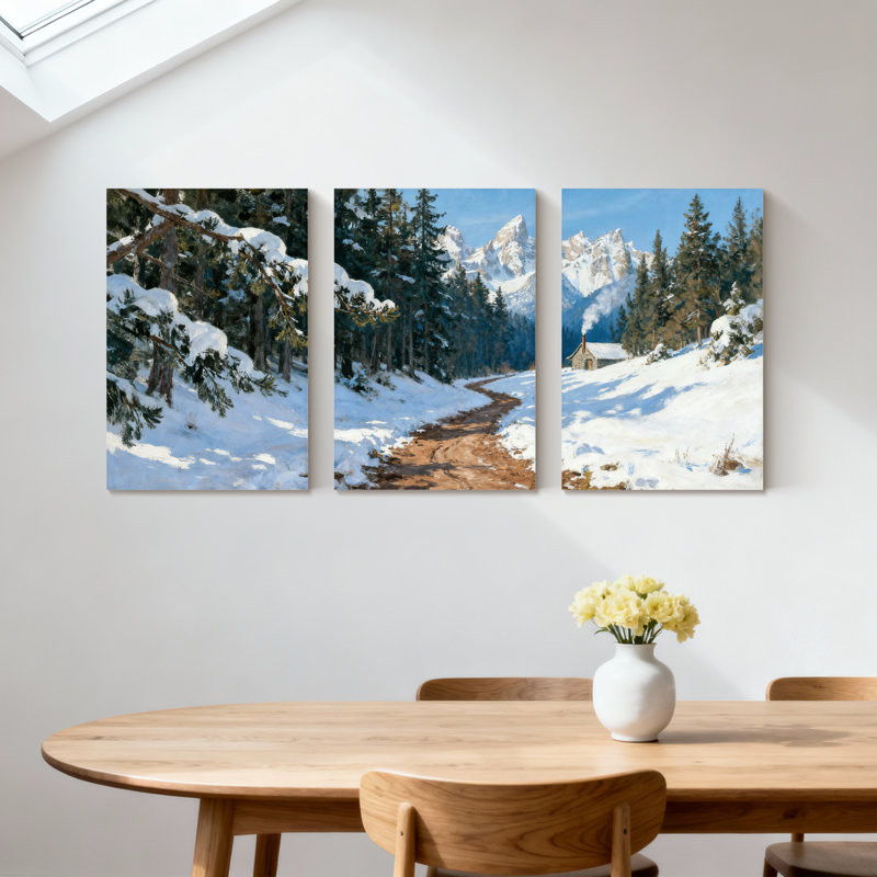 Hiver, forêt, chemin enneigé, vue sur la montagne, paysage d'hiver, ensemble de 3 impressions sur toile, H 36 po x l 72 po