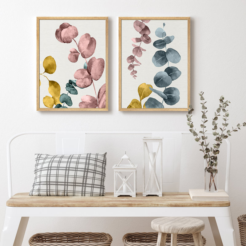 Jaune, vert, rose, feuilles, plantes, art moderne, impressions encadrées, affiches, salle de bain, petit art mural