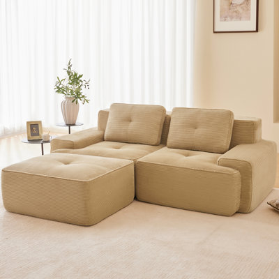 Canapé modulaire 82 po en L 2 po en velours côtelé 82 po, assise profonde, mobile, design, sans assemblage, antidérapant, brun clair avec tissu en velours côtelé, passepoil perlé, teinté
