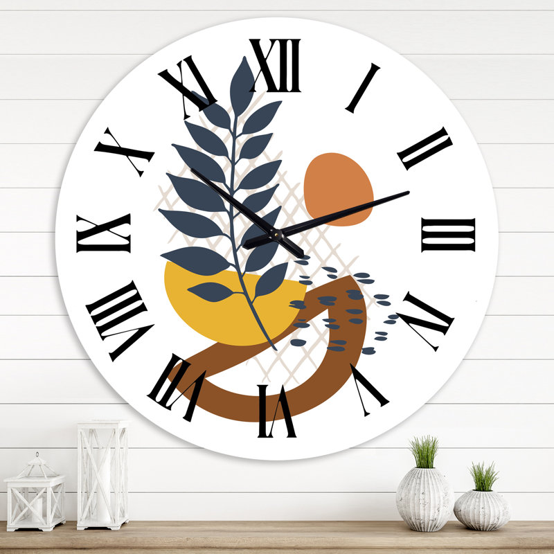 Forme élémentaire avec feuilles abstraites - horloge murale moderne, Grand