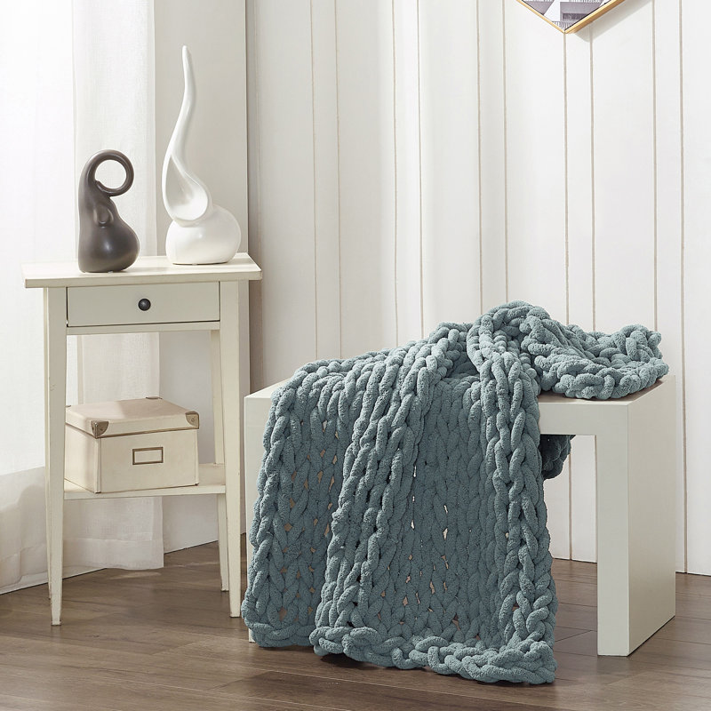 Seaside Blue Chunky Knitted Chenille Throw Blanket