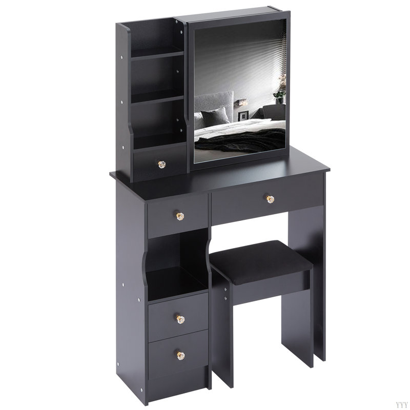 29.2" Small Space Left Drawer Desktop Vanity Table + Cushioned Stool, Extra Large Right Sliding Mirror, Multi Layer High Capacity Storage, Practical Fashionable Dresser, Suitable For Small Space