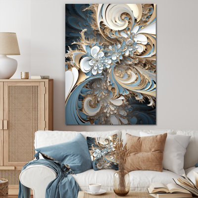 «Blossoming Fractal Flower» en blanc et bleu I - reproduction sur toile