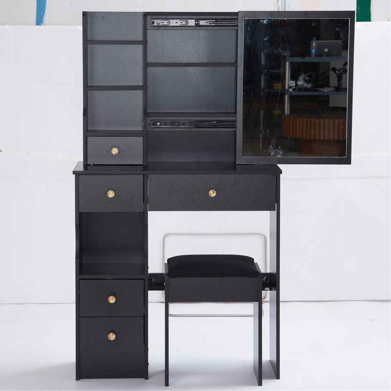 29.2" Small Space Left Drawer Desktop Vanity Table With Cushioned Stool,Multi-Layer High Capacity Storage, Practical Fashionable Dresser