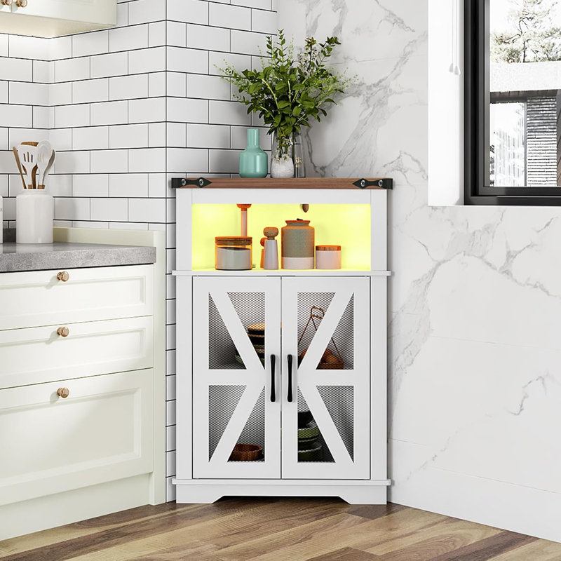 Armoire de rangement d'angle, petite armoire d'angle avec portes et tablettes réglables, armoire de rangement Farmhouse avec lumières DEL pour salle de bain, salon, cuisine, blanc et noyer