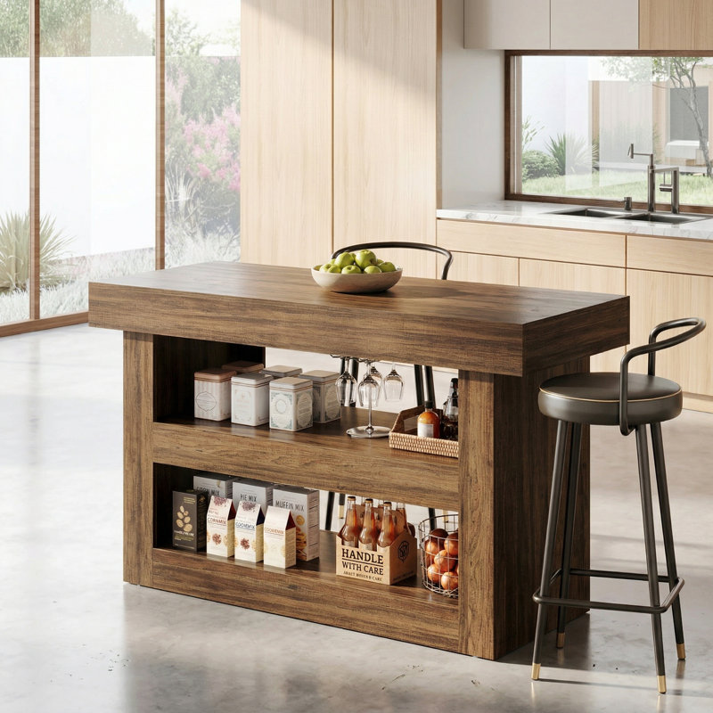 Îlot de cuisine de 55 po avec tablettes de rangement, îlot de cuisine à 3 niveaux avec grand comptoir, table basse pour la cuisine et la salle à manger