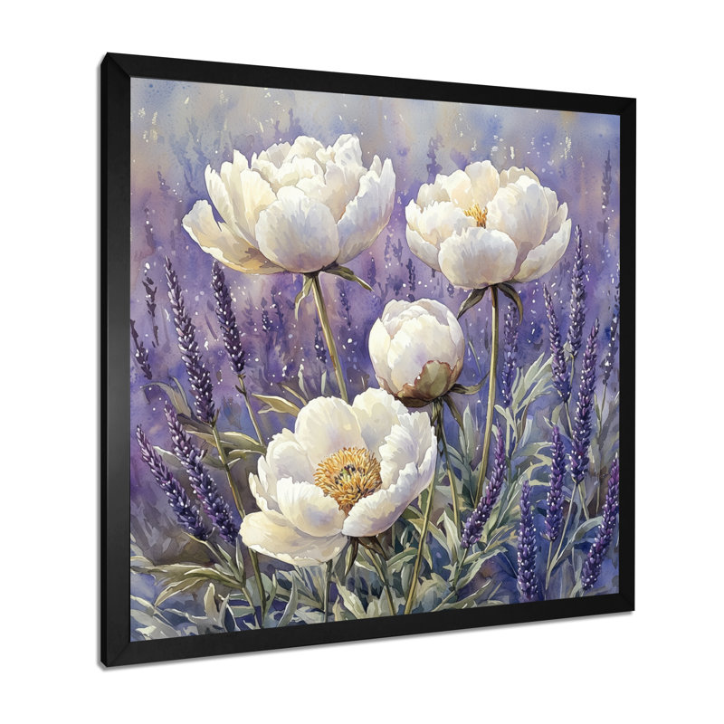 Pivoines dans le champ de lavande I - pivoines, art mural, H 16 po x l 16 po, Reproduction encadrée d'une seule photo, Noir
