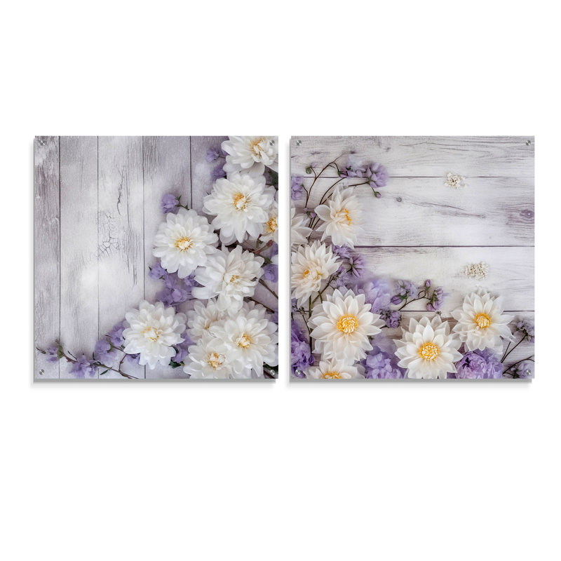 Ensemble de 2 impressions murales en acrylique blanc et mauve I - Magnolias, H 36 po x l 73 po