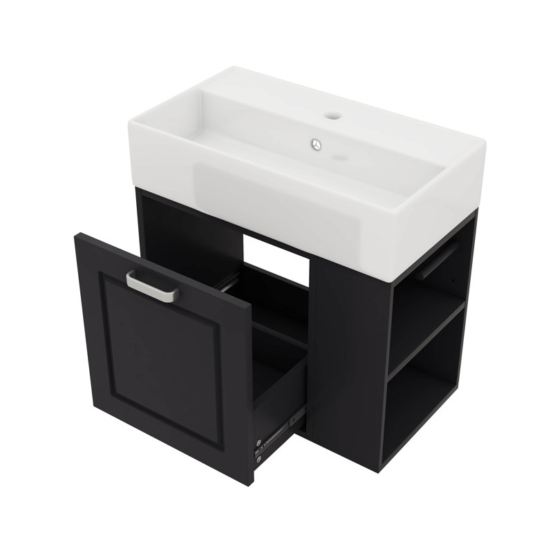 Meuble-lavabo flottant mural de 21,8 po avec meuble-lavabo, grand tiroir et tablette réglable, Noir