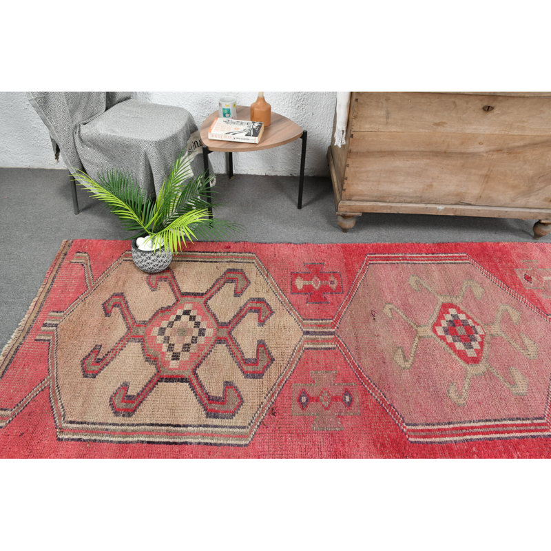 Tapis de couloir rétro en laine fait à la main avec motif géométrique beige / rose