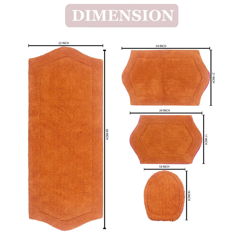 Delean 100% Cotton Bath Rug, Non-Slip, Quick Dry, Machine Washable, Absorbent - 4 Piece Set, Terracotta