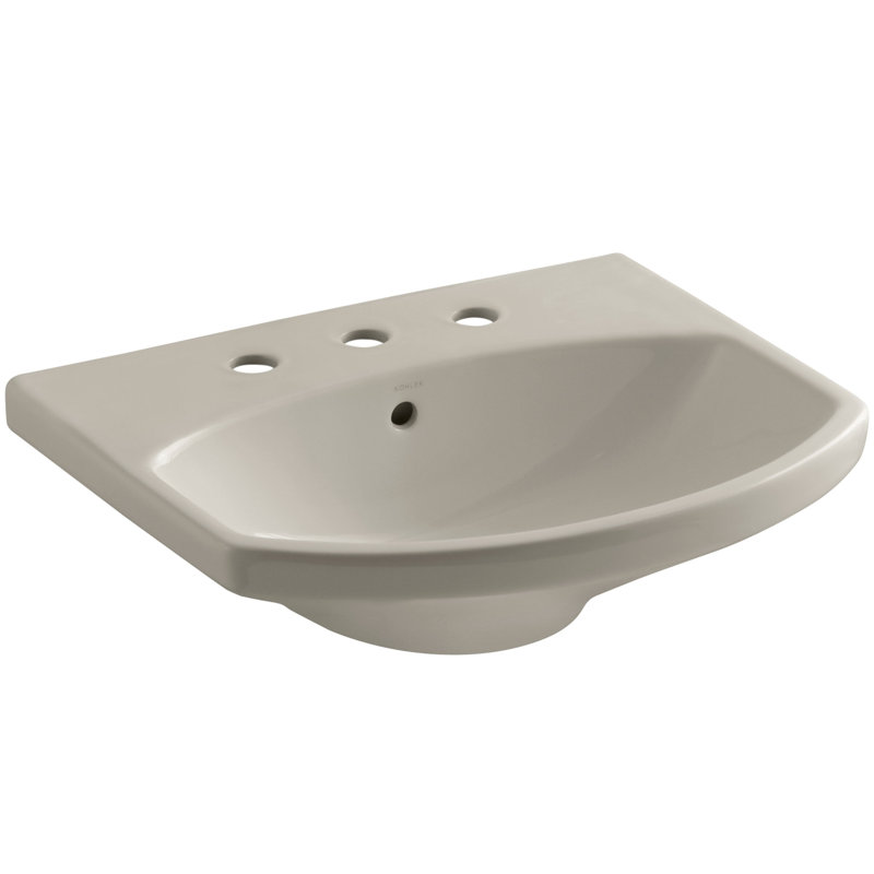 Lavabo de salle de bain piédestal en porcelaine vitreuse avec trop-plein Cimarron®, Banc de sable, Ensemble de centre 8 po