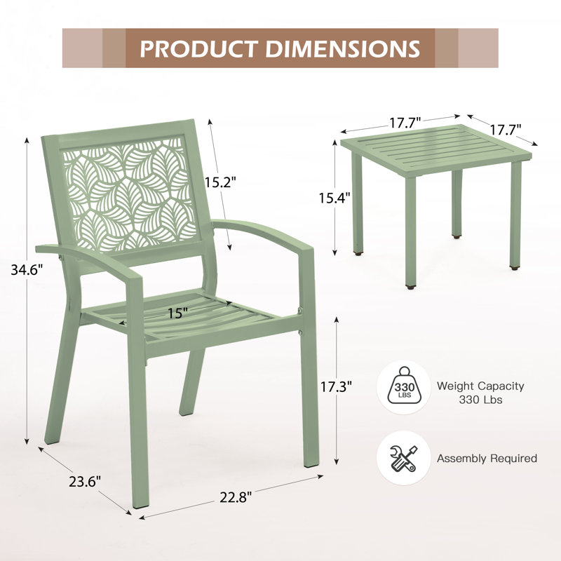 Outdoor Bistro Set 3 Piece Set - Comfortable Metal Patio Chairs And Small Table, Floral Back Design, Waterproof, Uv Resistant For Porch, Balcony, Garden, Backyard, Poolside