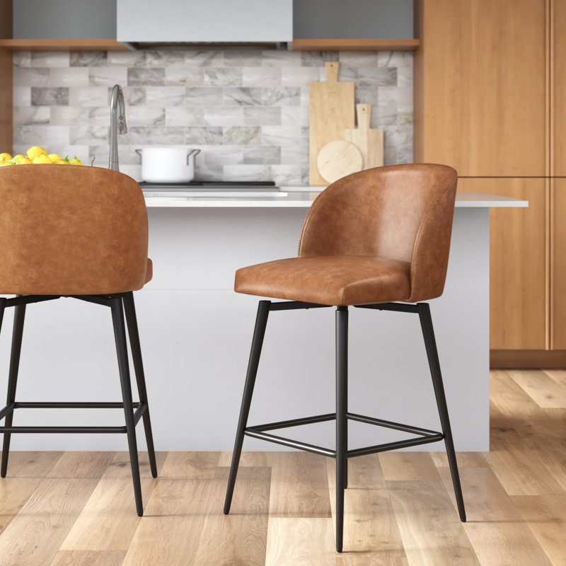 Benedit Swivel Counter & Bar Stool, Counter Stool (27" Seat Height), Cognac Brown Pebbled Faux Leather