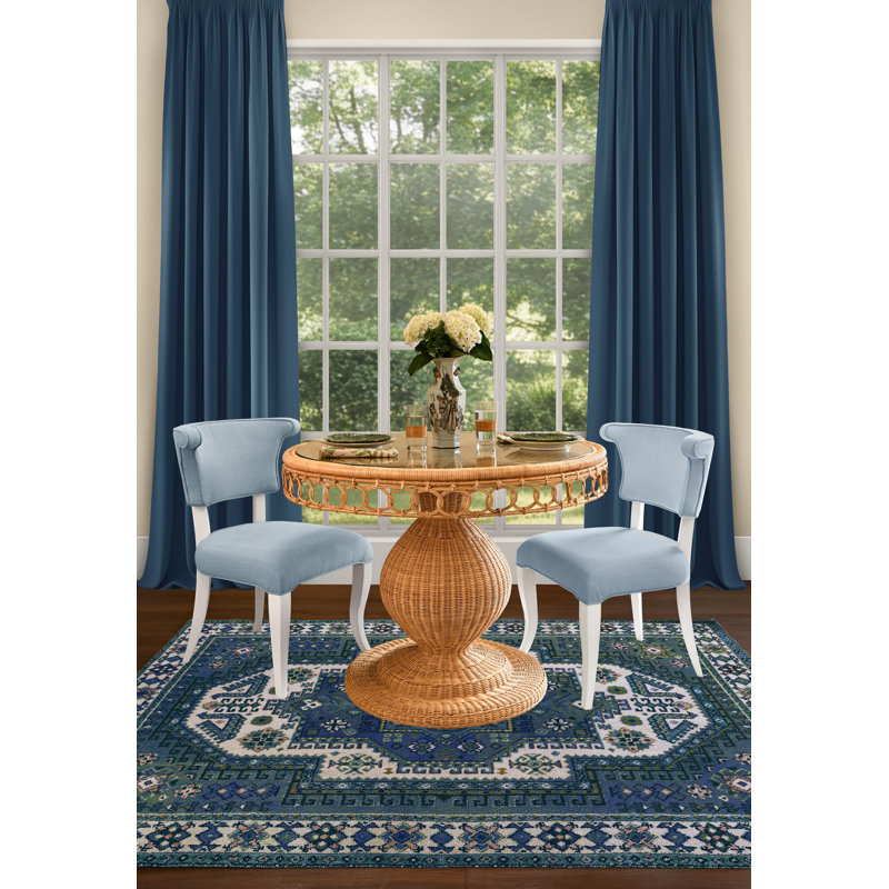 Round Back Dining Chair With Matte White Lacquer Legs Upholstered In Performance Light Blue Linen