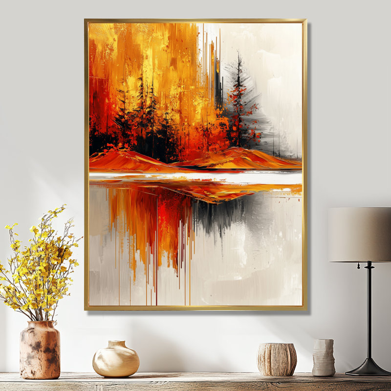 «Opsincs Abstract Autumn Forest In Ethereal Horizon II», art mural paysages, H 44 po x l 34 po, Doré