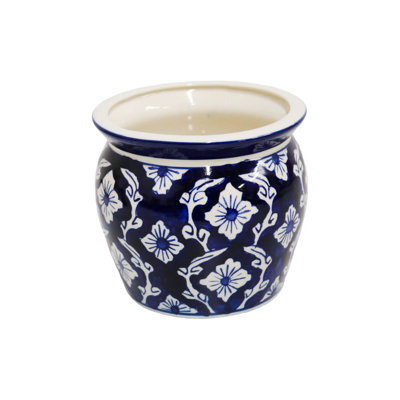Home&Manor Ceramic Medium Planter Blue/White