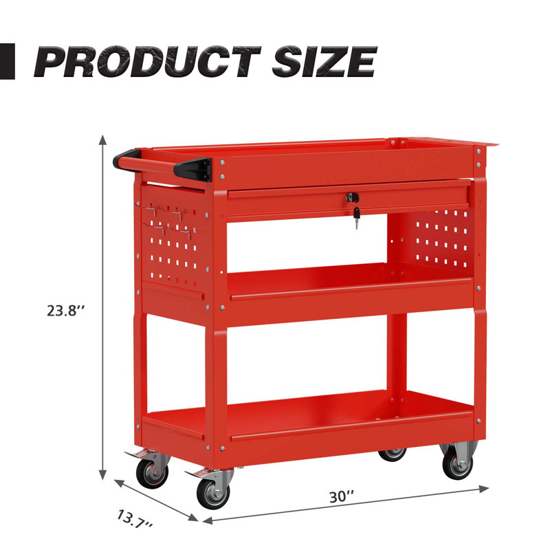 26'' W Metal Side Chest with Wheels,  Red