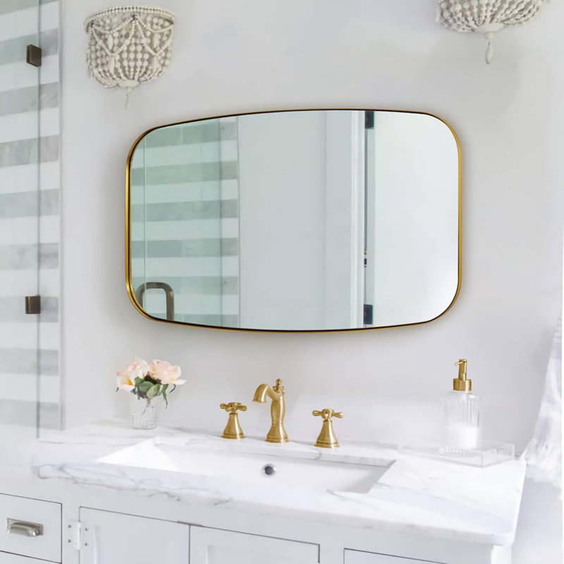 Miroir de salle de bain ovale moderne | Cadre en acier inoxydable, 30 po x 20 po, Or brossé