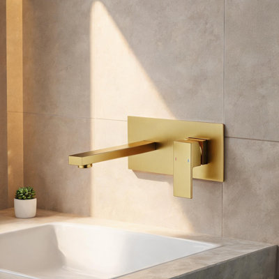 Modern Wall-Mount Bathroom Sink Faucet with Lever Handle and Gold Finish, Brass Construction, Single-Hole, 2-Handle Installation, Ceramic Disc Cartridge