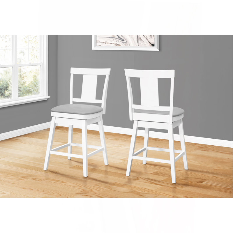 Bar Stool, Set Of 2, Swivel, Counter Height, Kitchen, White Wood, Grey Leather Look, Transitional